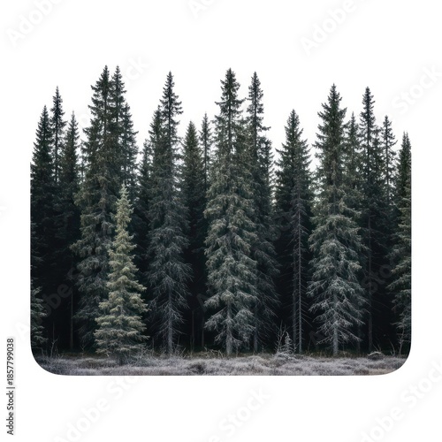 A dense forest of tall evergreen trees stretches across the frame, with a frosted ground visible at the base. The natural outdoor scene is captured during daytime.
