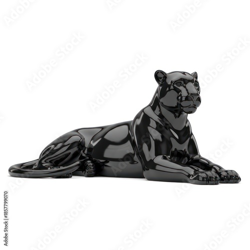 A glossy black panther sculpture lies in a relaxed pose against a pure white background. The highly reflective surface captures light, highlighting its sleek form and intricate details.