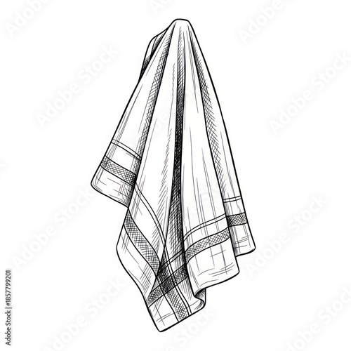 A line art illustration of a white kitchen towel folded and hanging. The towel features a decorative striped border. It is presented against a plain white background.