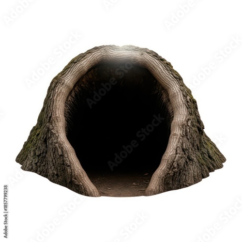 A hollowed tree trunk entrance with mossy bark and a dark interior. Isolated on a white background, this natural opening suggests a shelter or habitat.