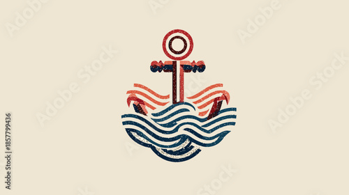 Stylized Nautical Anchor with Ocean Waves Illustration. Vintage Maritime Symbol of Stability, Travel, and Adventure.