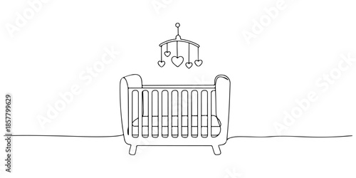 Continuous one line drawing of a baby crib basket with toys on it, line art style vector illustration.