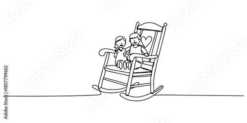 Continuous one line drawing of a rocking chair with a toy doll on it, line art style vector illustration.