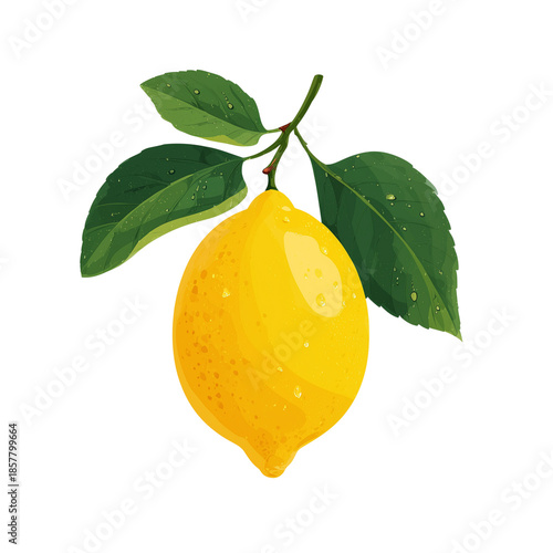 Wet Yellow Lemon Fruit on a Branch with Green Leaves isolated on a transparent background