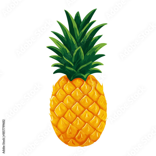 Whole yellow pineapple with green leaves isolated on white 