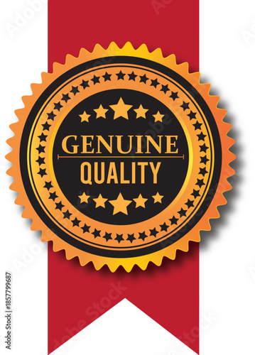 Genuine quality certification badge vector with gold star seal and red ribbon for premium product