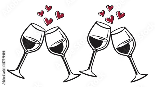 Vector illustration two wine glasses clinking with hearts on valentines day