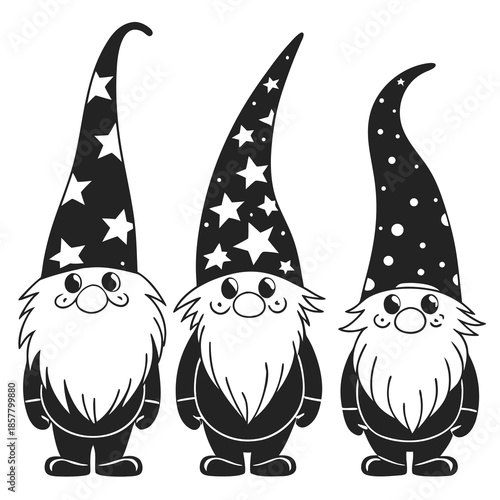 Vector illustration three gnomes with starry hats standing together