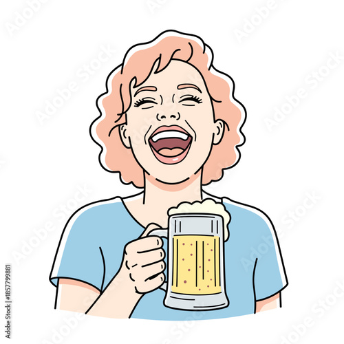 Happy woman laughing while holding a beer mug in casual attire  