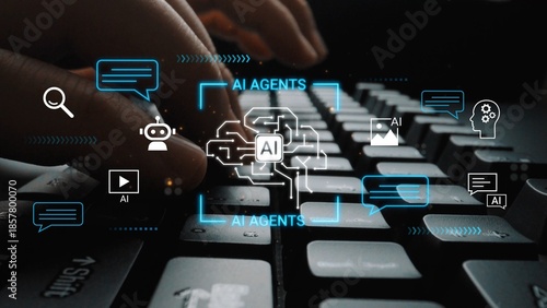 Close-up of Hands Typing on Keyboard with AI Graphics and Symbols Representing Technology, Innovation, and Digital Communication in Dark Environment Gluon. © InfiniteFlow