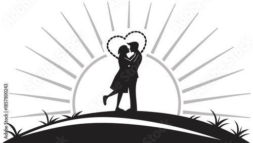 Vector illustration couple dancing on hill under sunburst