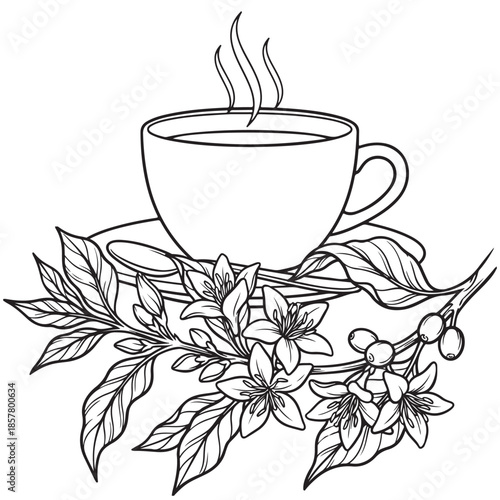 Coffee Cup and Flowering Coffee Branch Line Art Composition