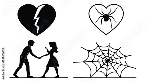 Vector illustration black and white illustrations of heartbreak and love entwined with spiders and webs