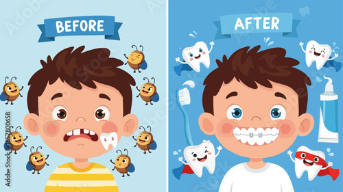 Before and After Dental Care for a Young Boy with Happy Healthy Teeth.