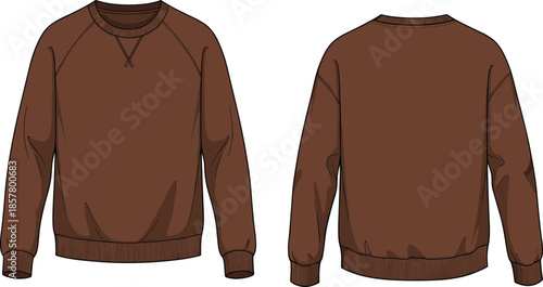 Brown crewneck sweatshirt front back view, fashion sketch, long sleeve garment design, ribbed cuffs template, apparel illustration