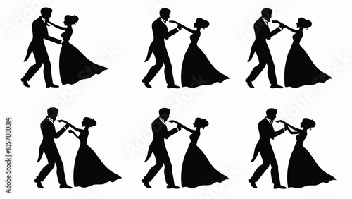 Vector illustration silhouettes of dancing couples in various waltzing poses