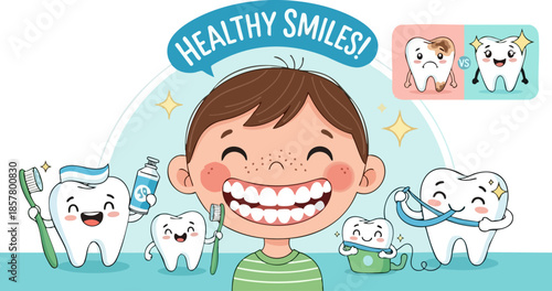 A happy boy with healthy teeth surrounded by cartoon teeth demonstrating dental hygiene practices like brushing and flossing, promoting healthy smiles.