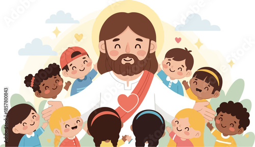 Cartoon illustration of Jesus embracing and surrounded by happy, diverse children with hearts and stars in a warm, loving scene.