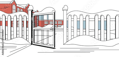 Stylized illustration depicts an open snow-covered iron gate leading toward distant, traditional red brick institutional buildings under a pale winter sky.