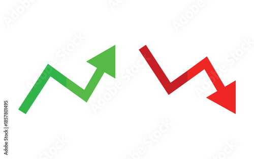 Simple graphic illustrating contrasting market trends with green upward and red downward pointing arrows
