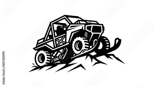 Monochromatic illustration of a rugged off-road vehicle with skis ready for winter adventures.