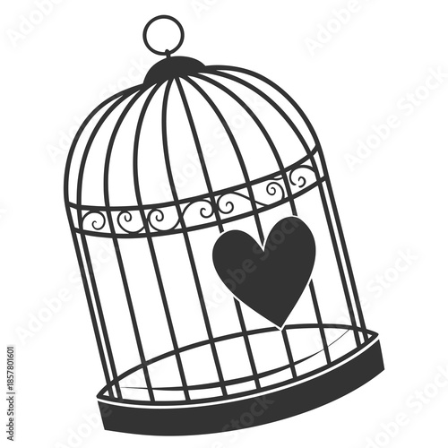 an ornate black birdcage with a heart shaped design inside showcasing a delicate and captivating silhouette