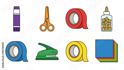 Crafting Supplies Collection Scissors Glue Stick Tape Hole Punch Paper Vector Illustration for DIY Projects and Stationery Themes