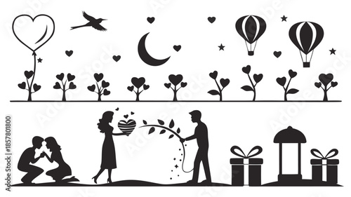 a whimsical scene depicts love romance and dreams with hot air balloons and a couple silhouette