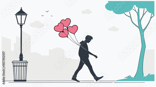 a romantic stroll under a lamppost with vibrant heart shaped balloons a beautiful scene in silhouette