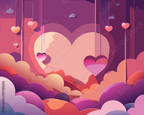 Whimsical heart-shaped clouds in a dreamy sky