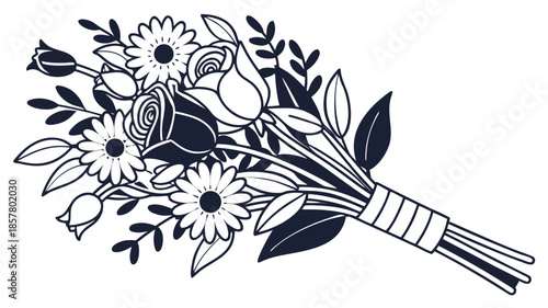 a beautiful arrangement of diverse flowers and lush foliage presented as a striking black and white silhouette