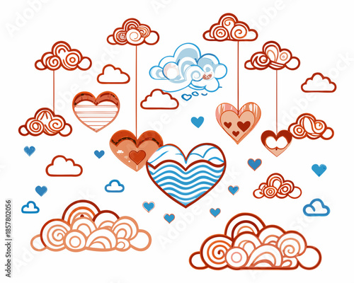Whimsical hearts and clouds illustration