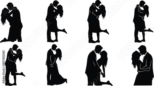 Romantic Couple Silhouette Set Kissing and Hugging in Love Poses Illustration