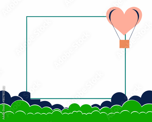 Heart-shaped hot air balloon floating over grass