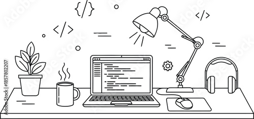 Minimalist line art illustration depicting a productive coding workstation setup complete with a laptop, hot beverage, and essential developer tools for remote work.