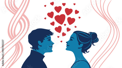 A romantic illustration depicting a couple facing each other surrounded by hearts rendered as a striking silhouette