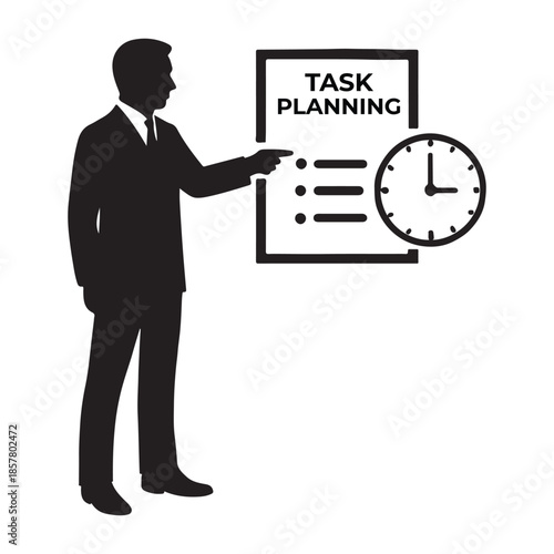 Businessman pointing at task planning board with clock, emphasizing time management.