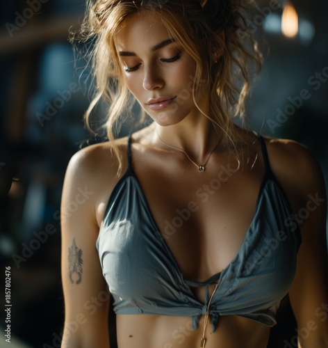 Serene Young Woman With Closed Eyes And Messy Hair In Soft Light