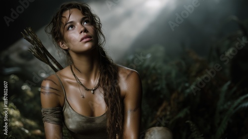 Tribal Amazon Warrior Woman With Arrows Looking Up In Jungle