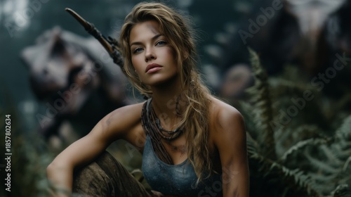 Female Warrior Survivor In Prehistoric Forest With Dinosaur Behind