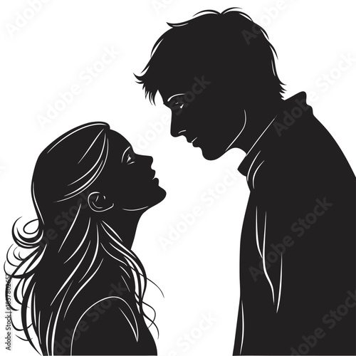 A romantic moment depicted with a couple facing each other in a striking black and white silhouette