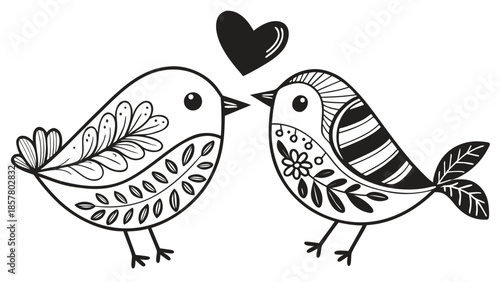 Two adorable birds facing each other with a heart floating above them a beautiful black and white silhouette