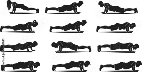 Push-up silhouette set, workout poses, bodyweight exercise stages, fitness form reference, strength training design, black vector human movement illustration