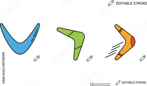 Set of colorful editable stroke boomerang icons illustrating aerodynamic flight and throwing tools in a minimal white background design.