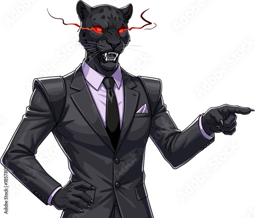 Black panther in suit, red glowing eyes, anthropomorphic animal illustration, powerful feline character, supernatural energy, formal attire, intense expression, vector art