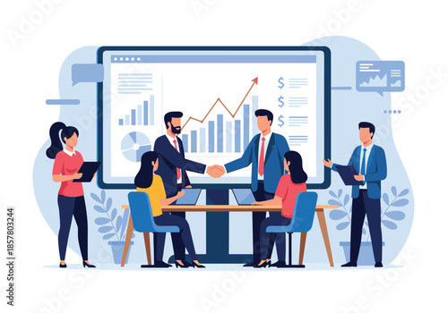 Business professionals shaking hands in a meeting with financial data