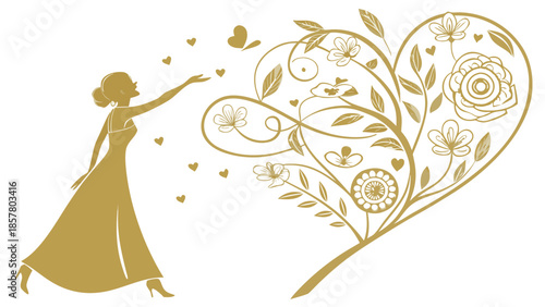 a graceful woman reaching towards a floral heart shaped tree adorned with fluttering butterflies a golden silhouette