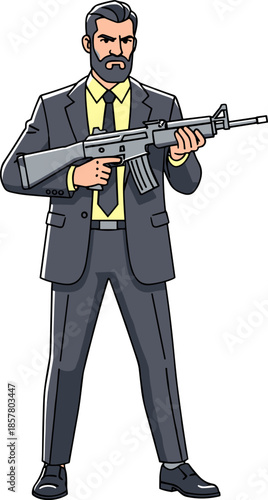 Businessman with assault rifle, formal suit and weapon, cartoon character illustration, armed professional concept, intense pose, vector art, yellow shirt