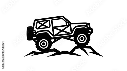 Off road vehicle climbing rocky terrain stylized black and white illustration.