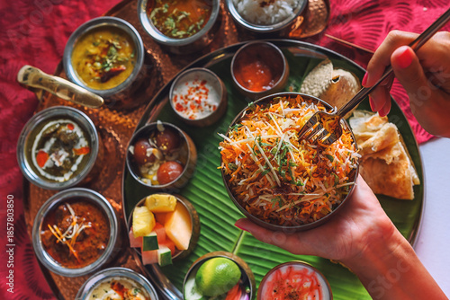 Woman's hand dipping naan bread into traditional Indian curry on a diverse Thali platter